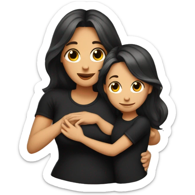 Mom with long brown beautiful hair and daughter with long brown hair hugging black shirts and mom has tattoos sticker