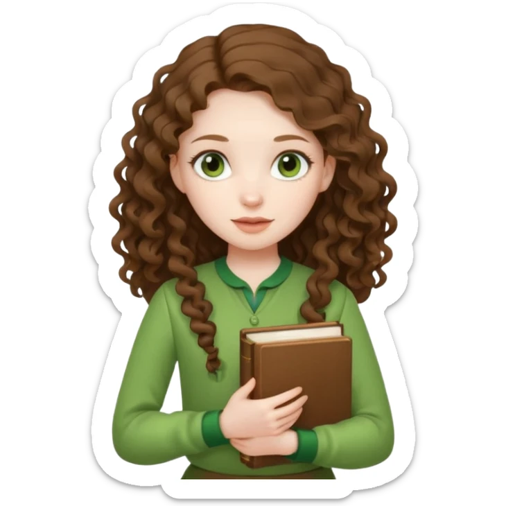 A girl with long brown curls and a green outfit holding a stacking book in her hand sticker