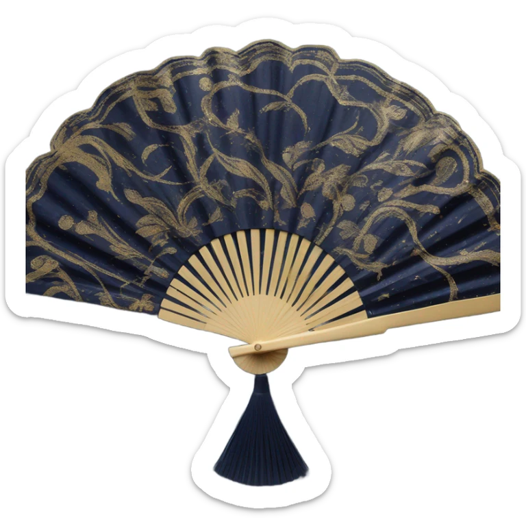 detailed and elegant navy blue hand fan with several gold accents and swirls, single fan sticker