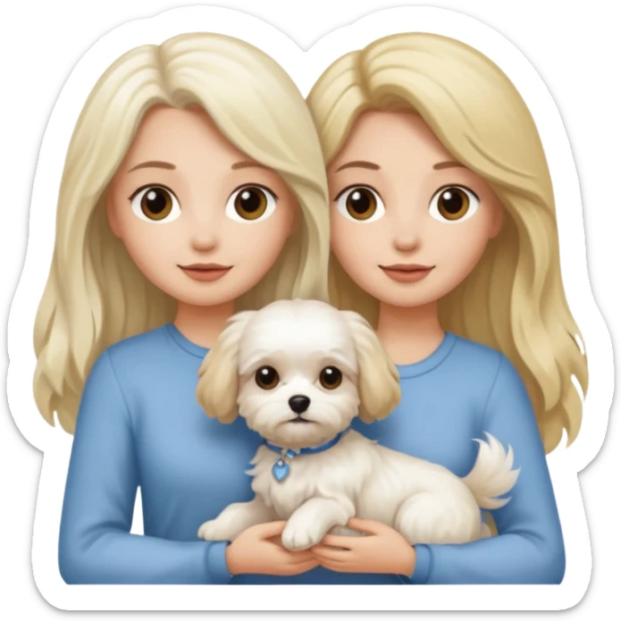 two women holding Maltese dog one is brunette the other is blonde long haired  sticker