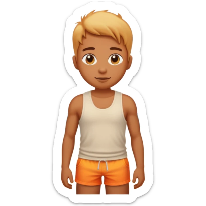 Emoji-style person in beach shorts with sunburned shoulders and chest, tank top outline for a sunburn, cute rounded features, soft shading, vibrant colors sticker