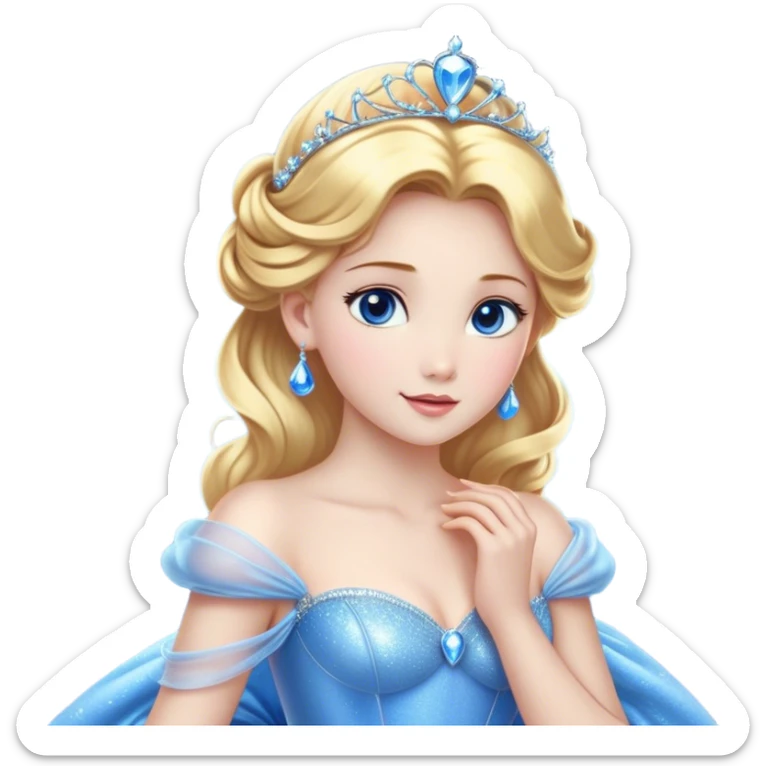 Cinematic Stunning Cinderella Portrait Emoji, Radiant in her sparkling blue ball gown, golden hair in a perfect updo, soft blue eyes full of wonder, glistening tiara, glowing with an ethereal beauty, regal yet kind, a dreamlike aura surrounds her, capturing the essence of a fairy tale princess, elegant and breathtaking! sticker