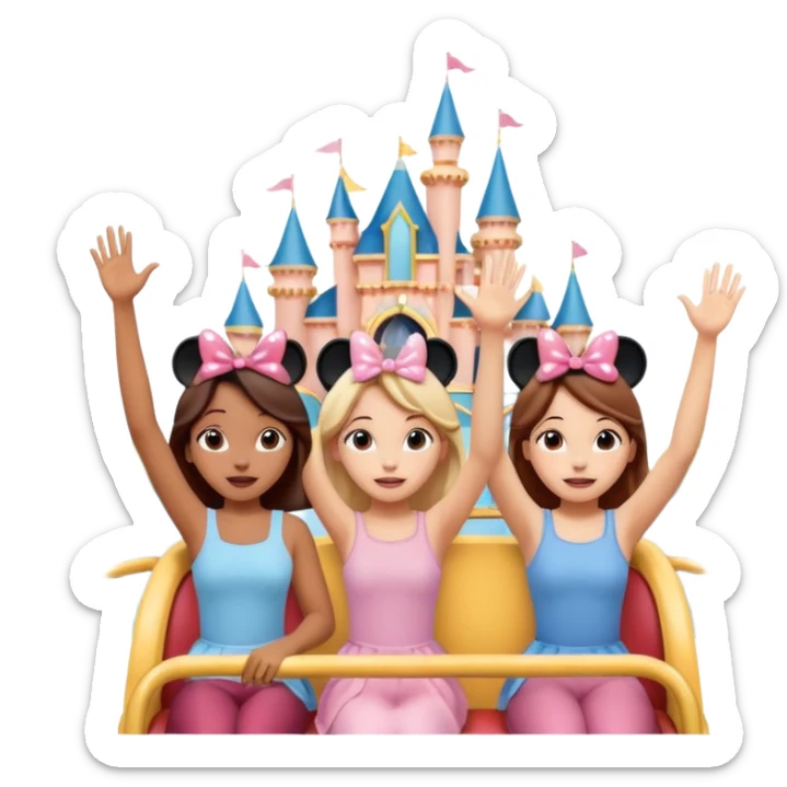 4 chicas montadas en una atraccion de levantando la mano con orejas de Disney puestas en una atracción sticker