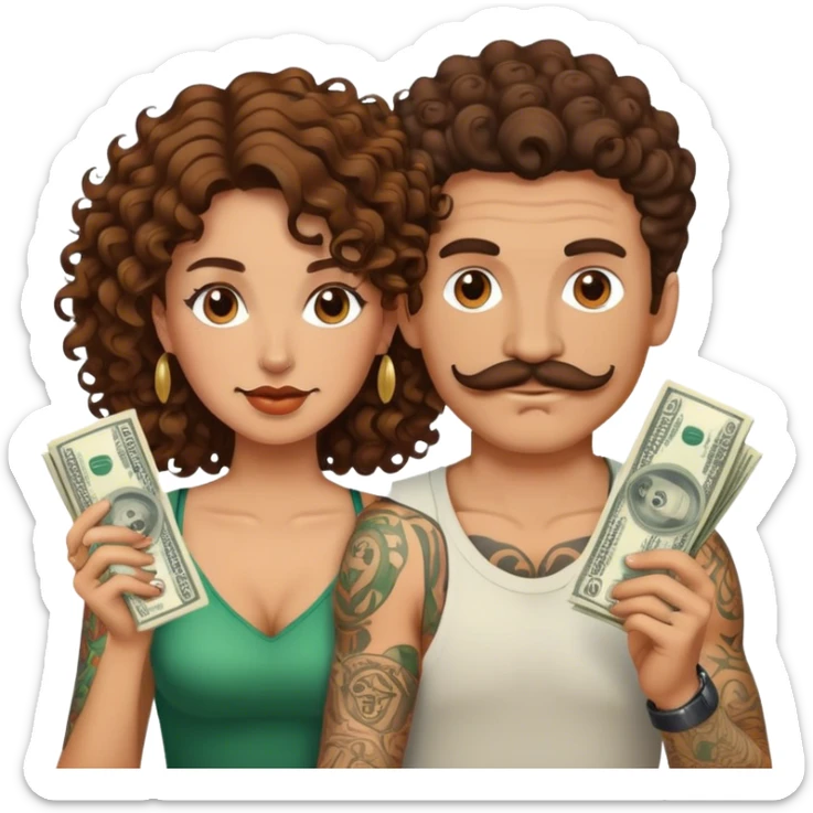 Couple with brown hair, the guy has a mustache and tattoos. The girls hair is curly. They are surrounded by money  sticker