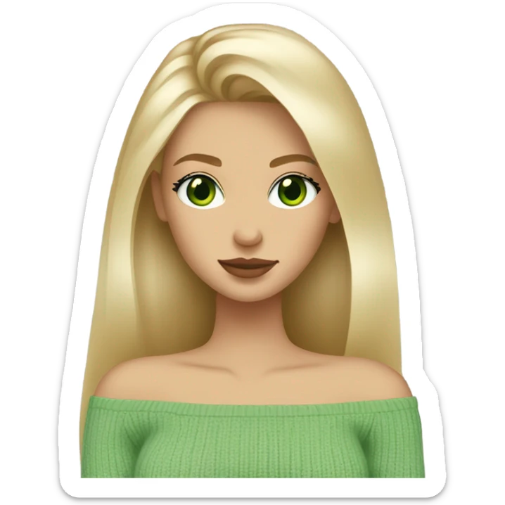 blonde girl with green eyes, smooth skin, off shoulder sweater, long blow out hair, baddie sticker