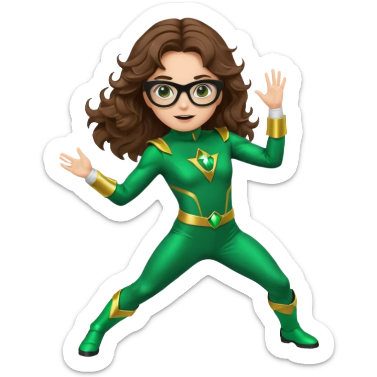 green power ranger, white girl with long brown wavy hair, thin black glasses, action pose, emoji style sticker