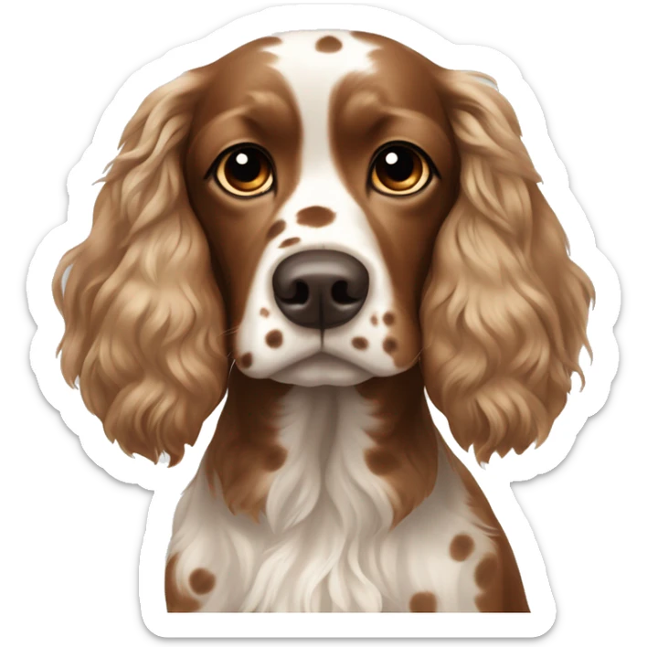 Cocker spaniel with a brown and white spots and hairs poking out on top of head  sticker