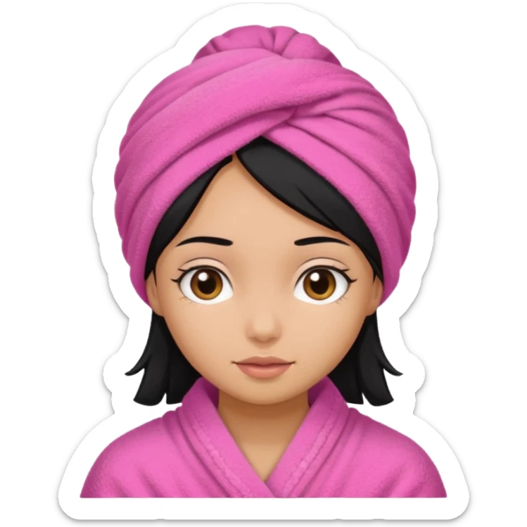 Girl with a pink towel on her head, medium tan skin black hair tucked in towel  sticker