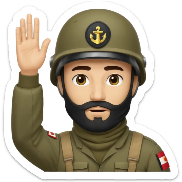 surrenders, depicts an Iraqi soldier from 1980, with a beard, in a helmet, with a balaclava, with a sad face and raised hands sticker