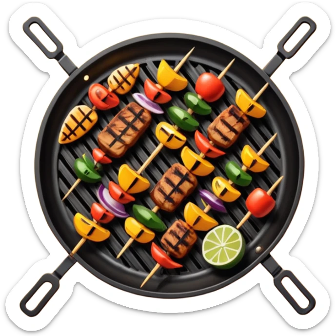 Grilled dishes avatar in bright emoji-style illustration. Skewers, BBQ, and grilled vegetables, warm fire tones, simple shapes, flat design, high contrast, tasty and inviting. sticker