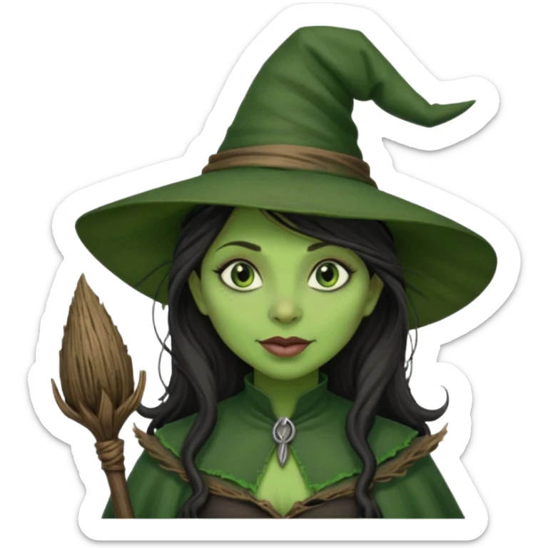 elphaba the wicked witch from wicked movie (cynthia erivo) dark long textured hair, thick lips, green skins, witch hat, witch broom sticker