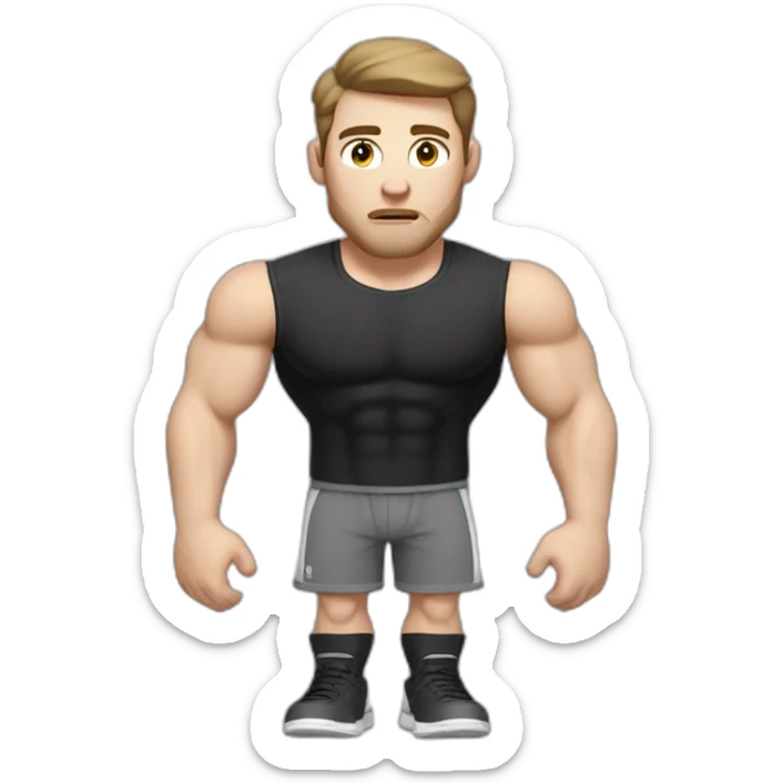 Confused Pale skinned Fit Man With the biceps and dark brown hair in black shirt, gray sports shorts and white Sneakers sticker
