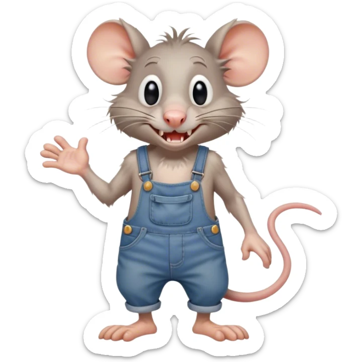 disheveled dizzy cartoon hillbilly rat wearing overalls no shirt. standing and talking full body. human eyes. teeth showing talking. walking talking moving arms sticker