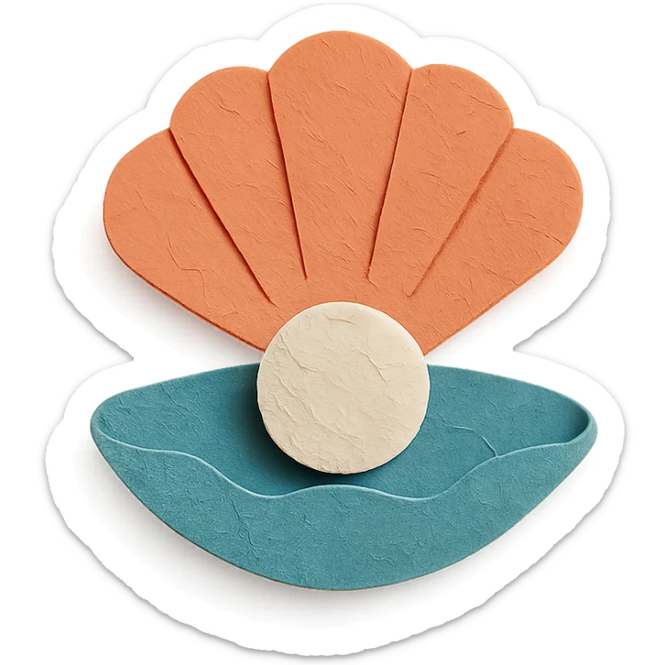 close-up of a clam holding a pearl, textured paper details, paper-craft style sticker