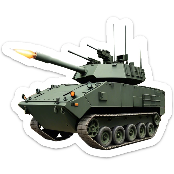 Stryker M1126 (2020) – Cinematic-realistic Stryker M1126 armored personnel carrier, its dark grey-green hull speeding down a war-torn street. The eight large wheels grip the cracked pavement as infantry hunker inside, the turret-mounted .50 cal machine gun scanning rooftops for threats under the eerie glow of distant fires. this tank has wheels and NOT TRACKS sticker