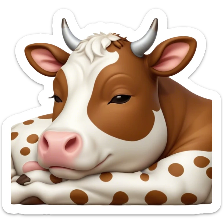 Meme-Worthy Cute Sleeping Brown and White Cow Portrait Emoji, Head resting peacefully with a contented smile, showcasing a robust build and a luxuriously soft patterned hide of brown and white, eyes shut in a serene, restful nap, Simplified yet hilariously adorable features, highly detailed, glowing with a soft, drowsy light, high shine, relaxed and utterly lovable, stylized with an air of playful laziness, bright and heartwarming, soft glowing outline, capturing the essence of a comically sleepy cow, so meme-worthy it feels like it could instantly become the next viral sensation of adorable slumber! sticker