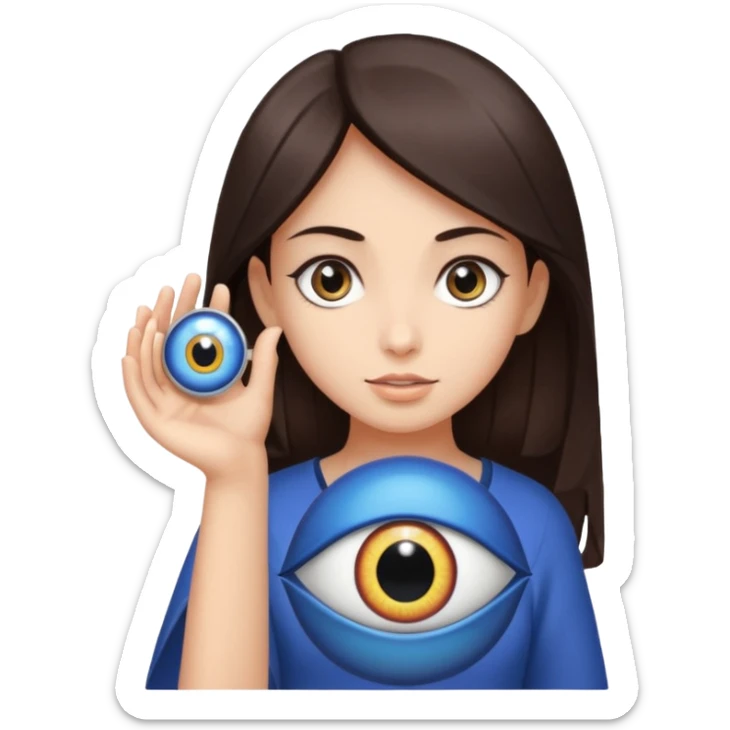 A girl with dark brown hair is holding a huge evil eye amulet in her hand. sticker