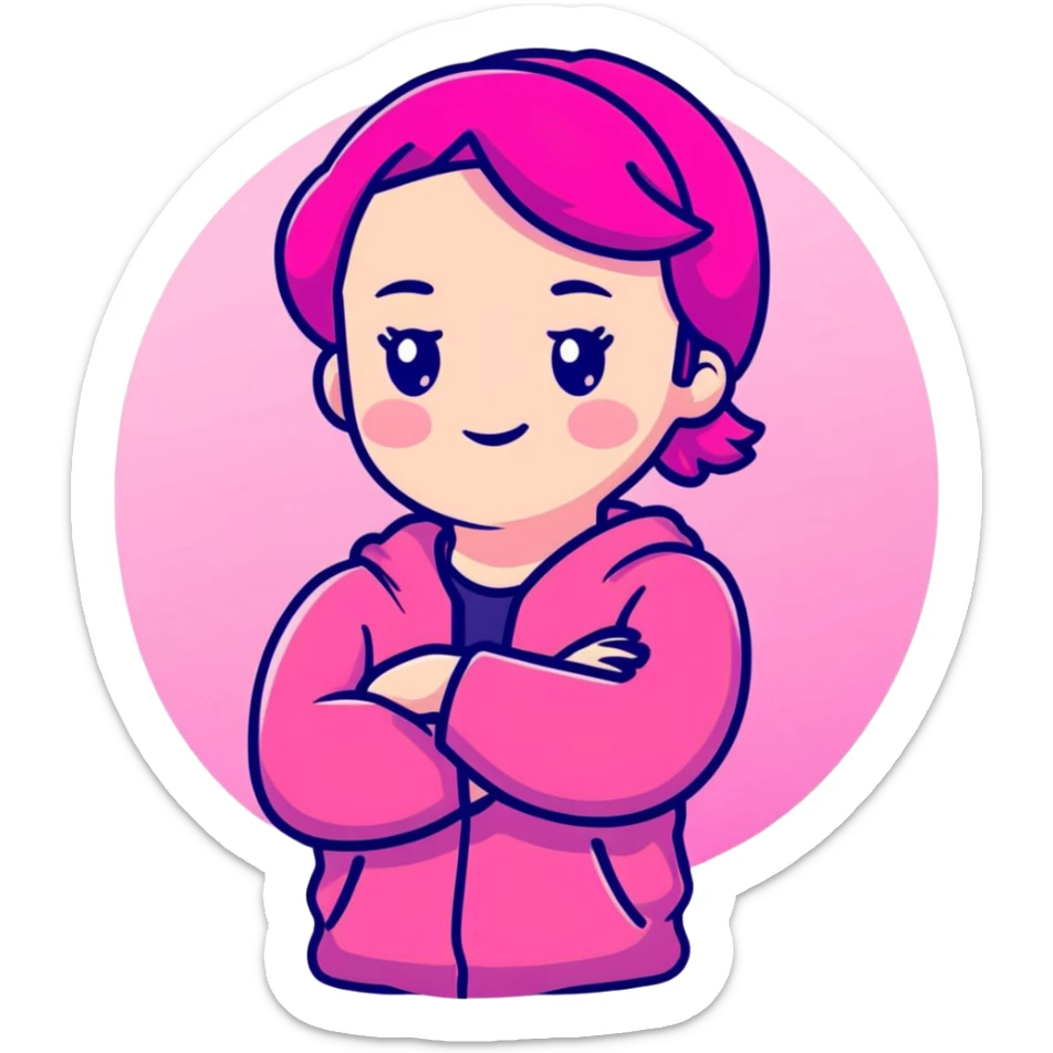 Shy girl character with arms crossed, transparent glass style, bright pink gradient, soft shadows and highlights, minimalist cute design sticker