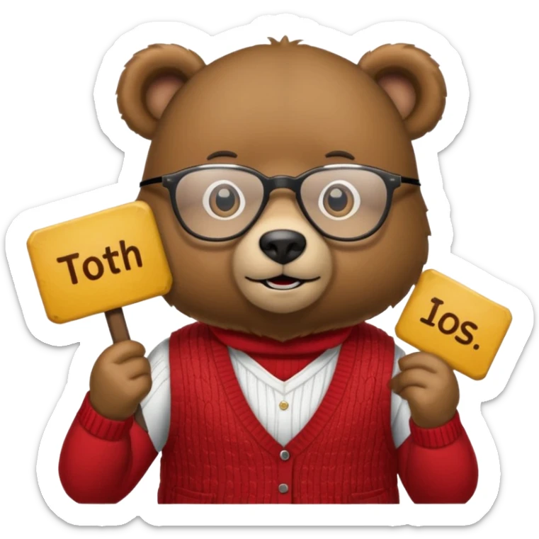 A bear wearing a sweater, vest and glasses, holding up a sign that says both of them sticker