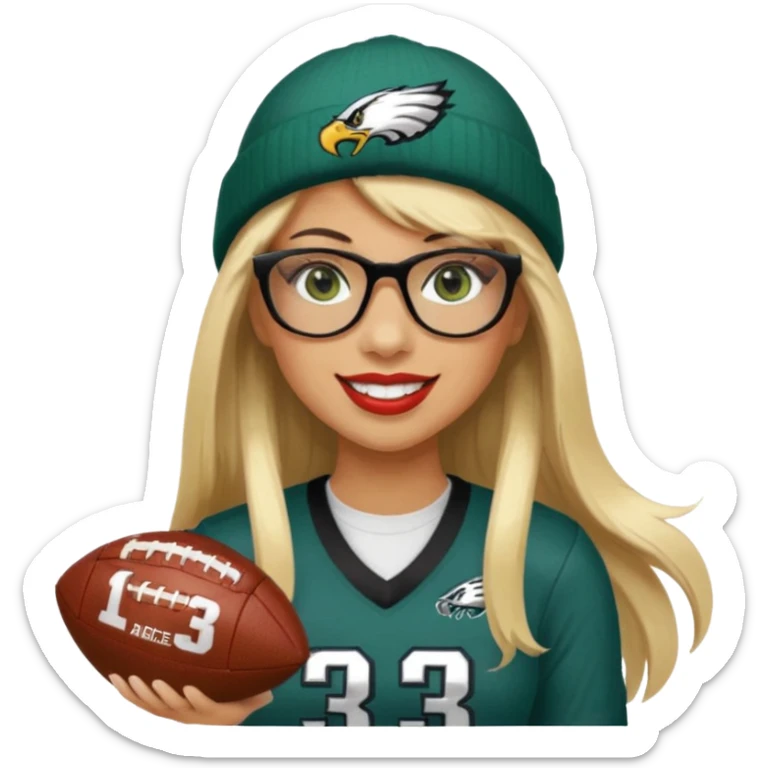 full length women wearing eagles uniform, long straight blonde hair, bangs, green eyes, black rectangle glasses, holding football, number 33, smiling, lipstick, eagles beanie sticker
