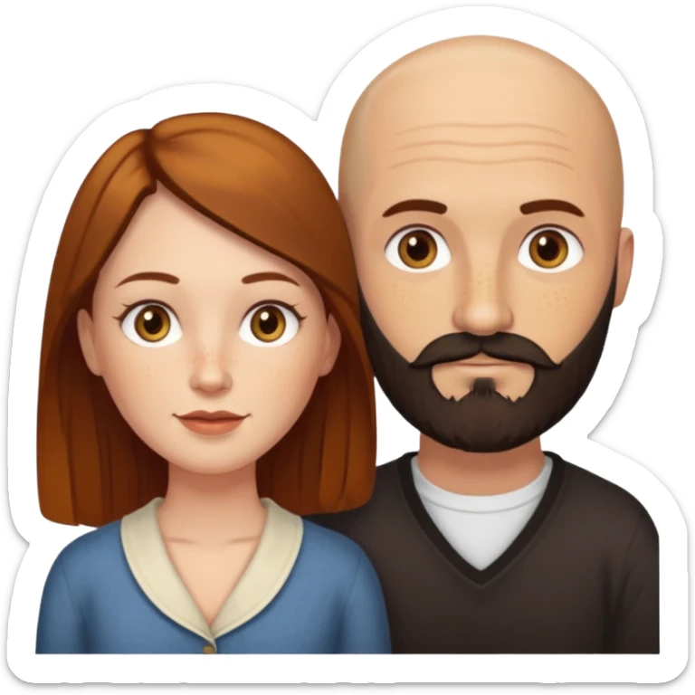Couple. Bald man with dark brown-black beard. White woman with many small, faded freckles, she has white skin and she has auburn-yellow-brown-cinnamon, dark long hair. She has light brown eyes. The man have hazel eyes. Retro style. sticker