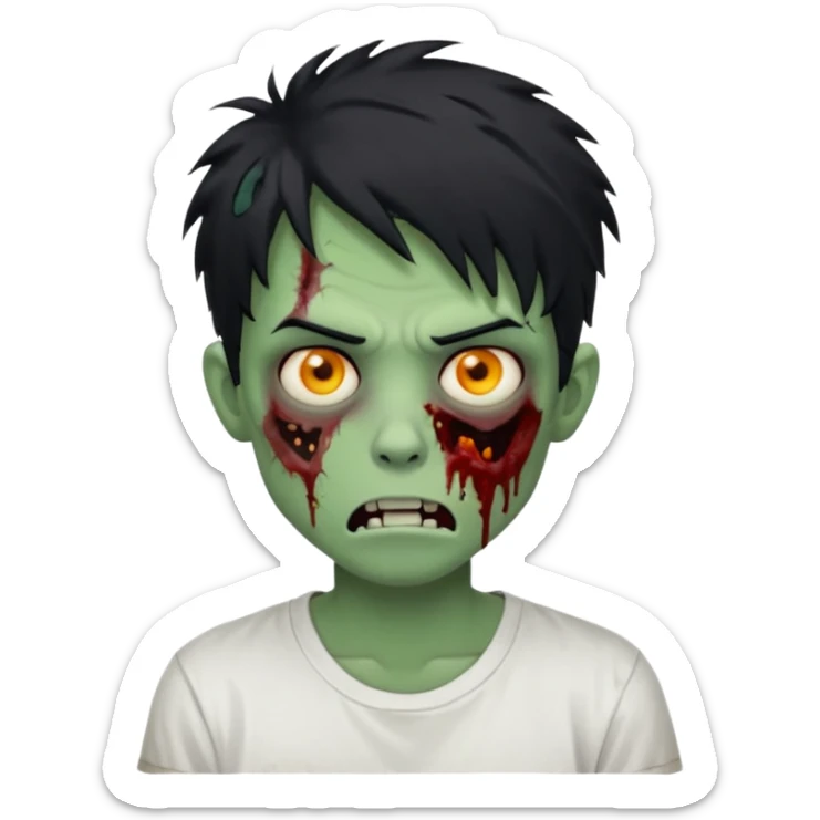 Rosto de frente classico de zombie boca meio torta cabelos medios grandes pretos bagunçados low fade com pele verde clara camiseta branca sem nenhum sangue no rosto e com cabelo bem adolescente e bagunçado sticker