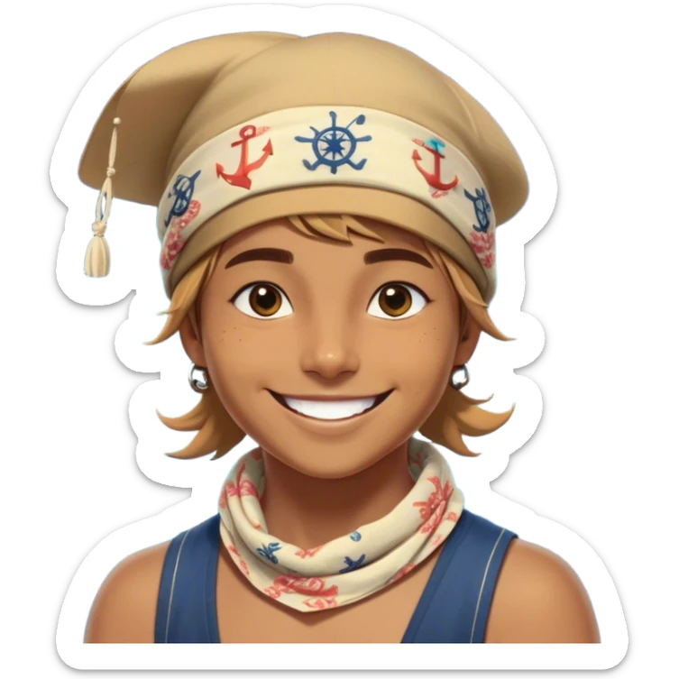 Clash of Clans aesthetic Playful Pirate Portrait Emoji, Head tilted with a roguish, cheeky grin and twinkling eyes, featuring a compact, spirited build with a jaunty hat and a quirky bandana, his natural skin tone evident, Simplified yet irresistibly charming features, highly detailed, glowing with a warm, inviting oceanic glow, high shine, spirited and lively, stylized with an air of whimsical maritime mischief, soft glowing outline, capturing the essence of a playful pirate exuding friendly rogue charm! sticker