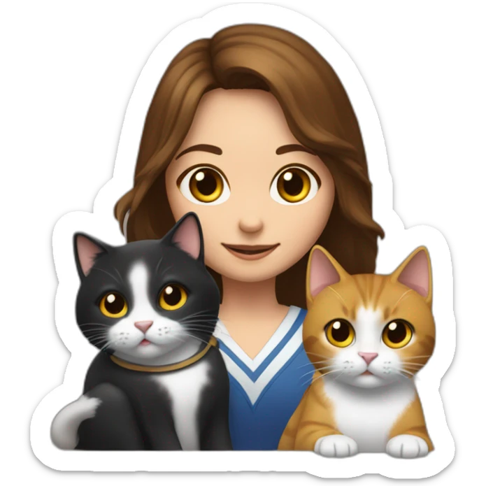 a young girl with brown hair grabbing a Gavel like a judge, and with two cats behind her, one cat black and the other cat snowshoe sticker