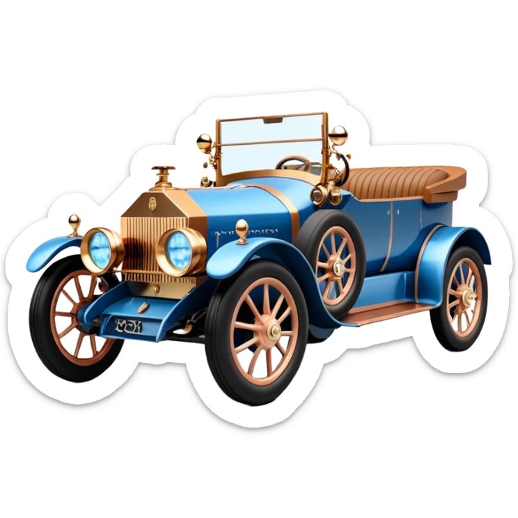  tarnished blue led lights C-3PO ghost buster’s 1927 delicately inlaid rose gold wood barrel accents Model-T x Rolls Royce efficiently powered by futuristic electric motors and dynamos with wide racing wheels that are strong agile advanced suspension and steering sticker