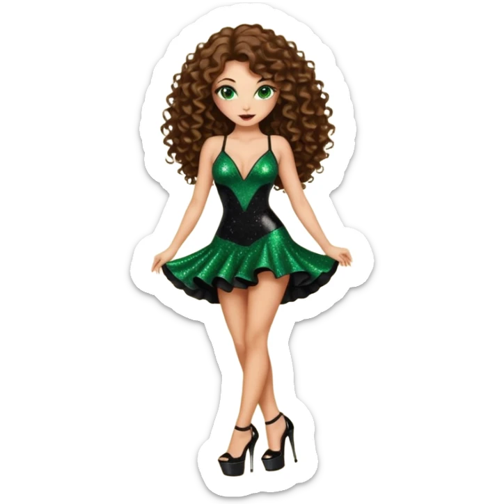 green eyes brown long curly hair woman, cartel boss with 7 inch platform stripper high heels black glitter dress, Los Angeles Spanish style black outfit sticker