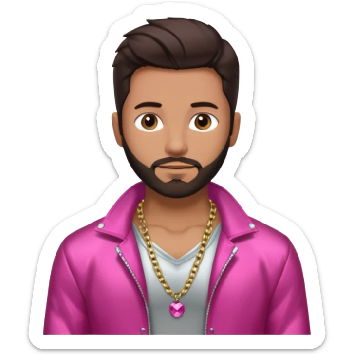 Frankie Zulferino with dark brown hair and short beard shirtless with necklace, dark pink metallic jacket sticker