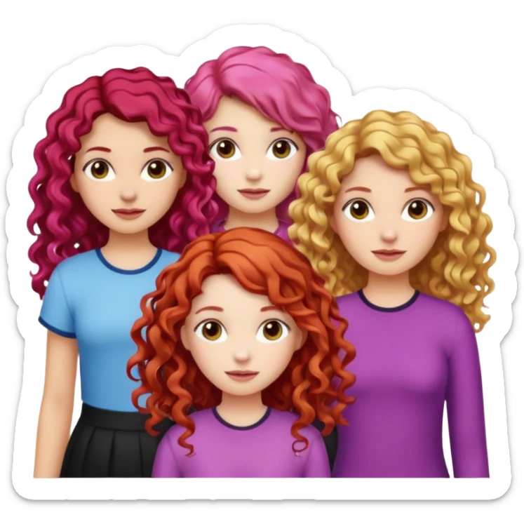 5 girls, one curly redhead, one with brunette dyed blonde hair, one long haired wavy brunette, one mid-length haired brunette, and one black haired girl with partially dyed bright red/pink hair sticker