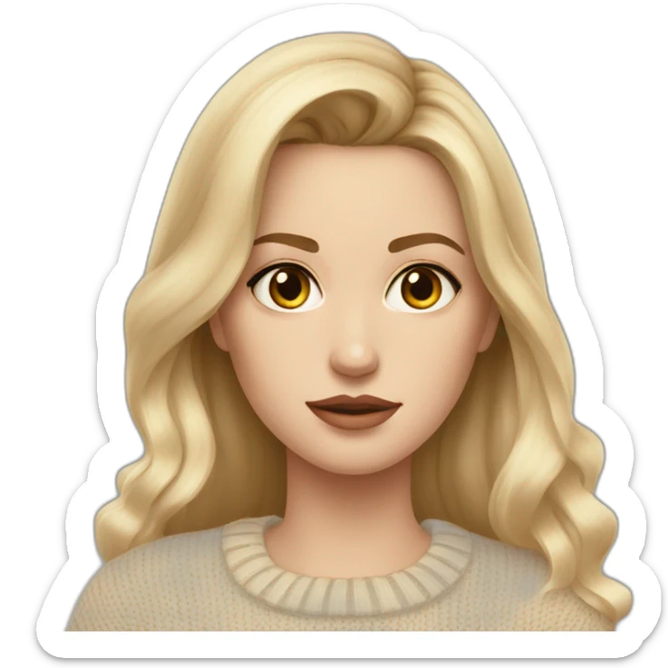 White women, long blonde balayage hair, frowning , beige sweater sticker