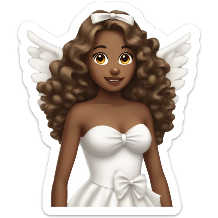 Pretty brown girl with long curly hair with big angels wings and a white bow in a strapless dress sticker