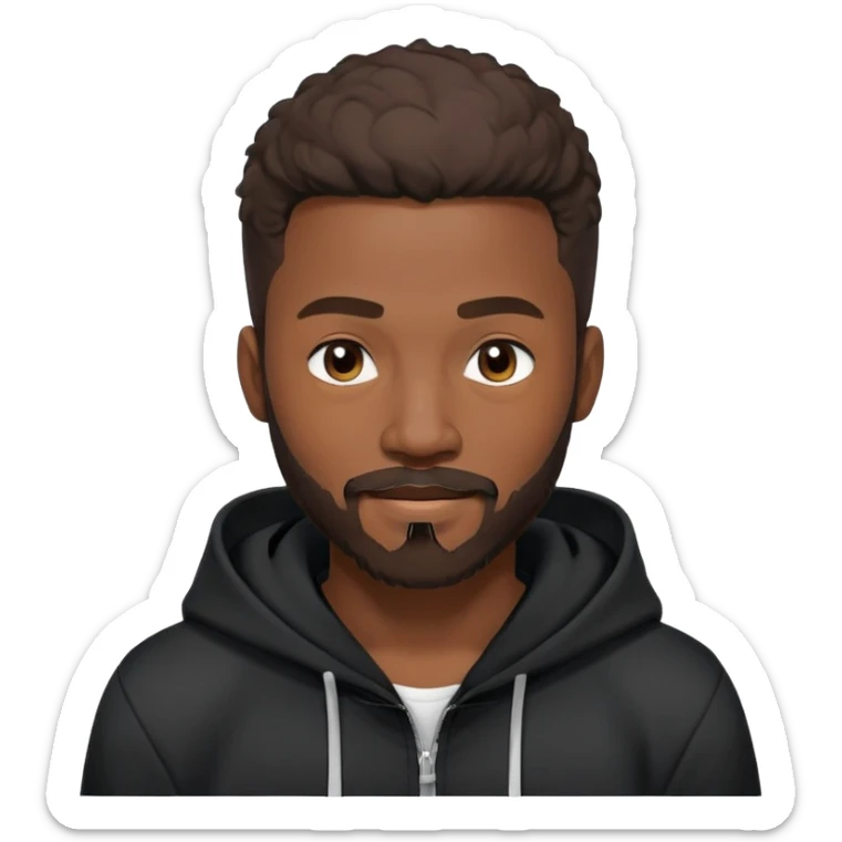 African yound man in his late 20s with a winkand  full short boxed beard and moutache , and a low cut hair, black hoody sticker