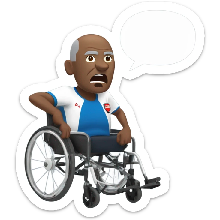 old black bald man with a round belly in wheelchair. angry face. grey stubble. he is pointing finger in front. wearing Arsenal soccer shirt. a speech bubble with the word: "Mojdeh!" sticker