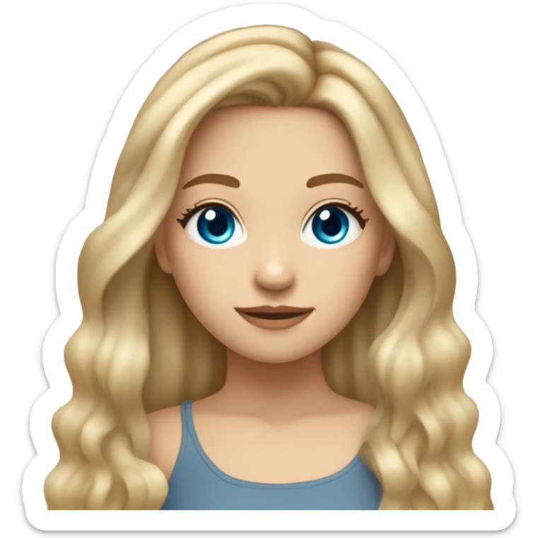 My friend Monica who is a girl , she has natural dirty blond hair with a blonde balayage type hair color, with piercing blue  eyes her hair is parted in the middle with color bone length hair ,  sticker