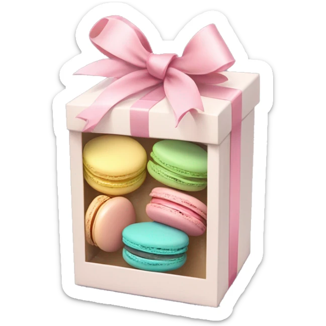 Realistic flat clear box of pastel macaron cookies with ribbon bow tied around the box. sticker