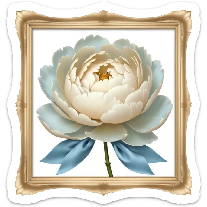 A single oversized peony in the softest shade of ivory sits in the center of a pearl-white canvas, its velvety petals unfolding like a quiet whisper. Wrapped around its stem is a wide, silk bow in a misty blue hue, its fabric pooling slightly onto the surface. The background’s subtle texture reflects light in a way that enhances the depth of the petals, creating an ethereal, almost weightless atmosphere. sticker