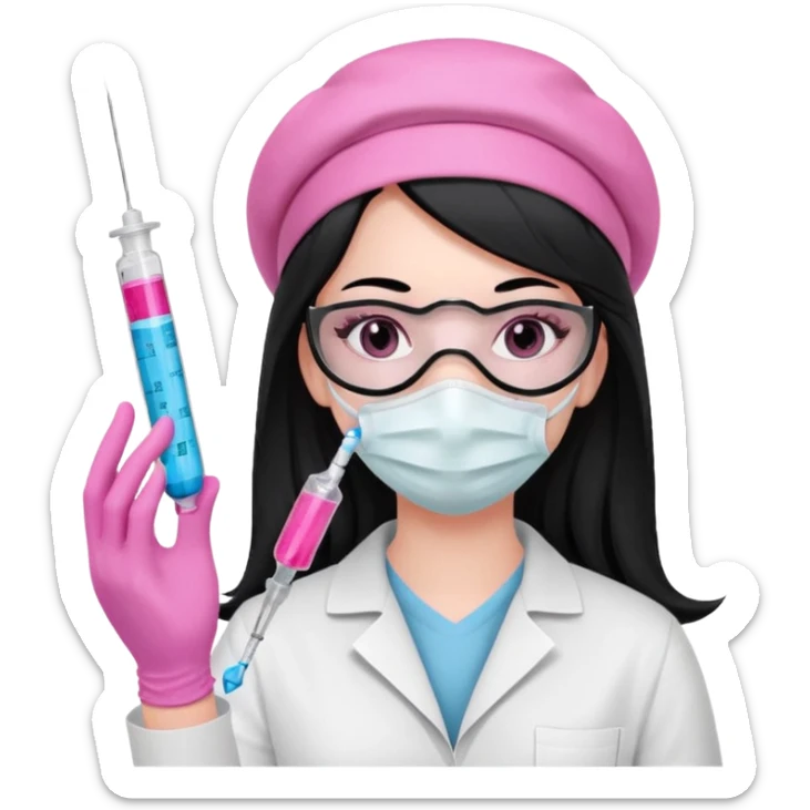 laboratorista con guantes rosa y mascarilla rosa  jeringa tubo laboratorio sin lentes  y  ojos negros cabello largo negro ojos negros sticker