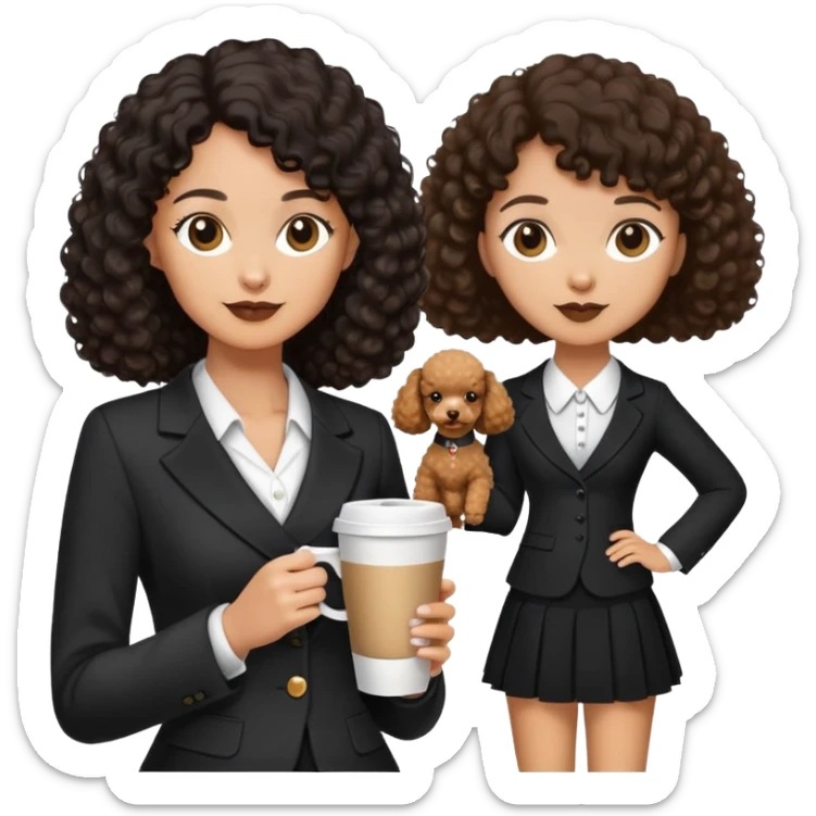 Black partial curly hair, V-neck suit,Holding a coffee-coloured poodle in a small skirt sticker