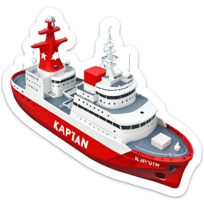 Realistic 3D icon of icebreaker "Kapitan Krutov" (grey hull, red star, white superstructure, "РОСМОРПОРТ" lettering). Soft winter lighting, 3/4 aerial view. Fractured blue ice, white background. High detail, photorealistic GSON style. sticker