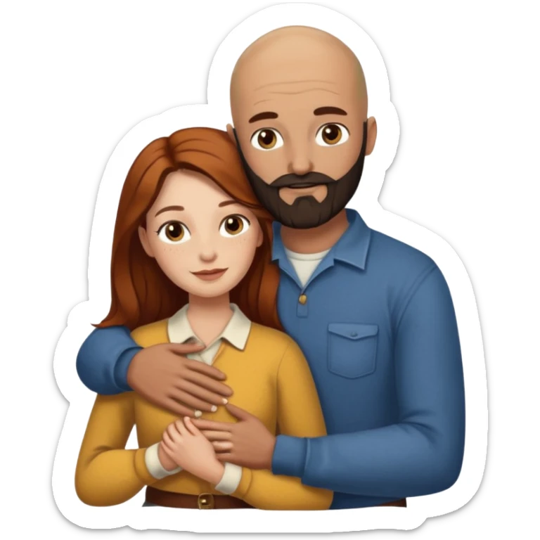 Couple. Bald man with dark brown-black beard. White woman with many small, faded freckles, she has white skin and she has auburn-yellow-brown-cinnamon, dark long hair. She has light brown eyes. The man have hazel eyes. Retro style. They hug. sticker