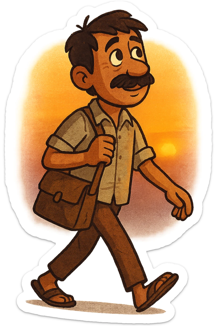 stylized cartoon of a poor Indian father with mustache, faded shirt, walking to work at dawn, carrying a bag, hopeful expression sticker