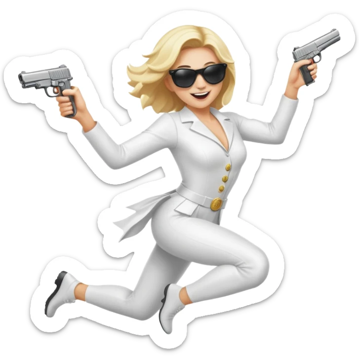 Mafia blondes woman Jumping for joy , in sunglasses, gun ,money , white costume  sticker