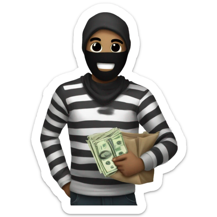 This is a drawing of a cartoon robber wearing a black mask and striped shirt. They are holding a bag of money.  The drawing is simple but effective, and the robber's expression is both mischievous and comical.   sticker