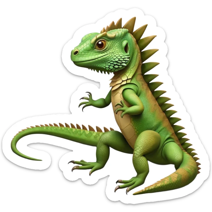 cinematic-iguana-realistic-full-body-basking-emoji,-long-scaly-body-stretched-out,-spiny-ridge-running-down-its-back,-textured-green-and-brown-skin-dappled-with-light,-sharp-intelligent-eyes-studying-the-surroundings sticker