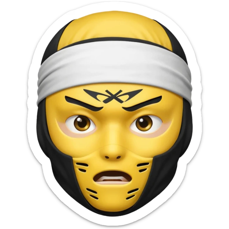 ninja face emoji with black ninja mask covering lower face, no skin color, standard emoji yellow, white headband, intense expression sticker