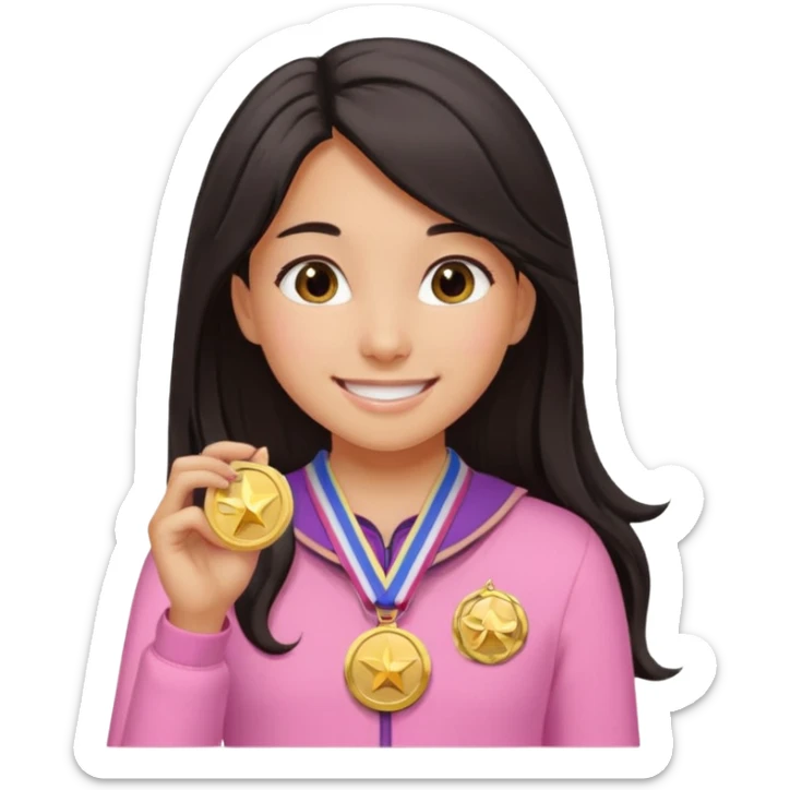black haired girl wearing pastel pink with one medal, remove any hats, make her smile, make her hair longer, make her tan sticker