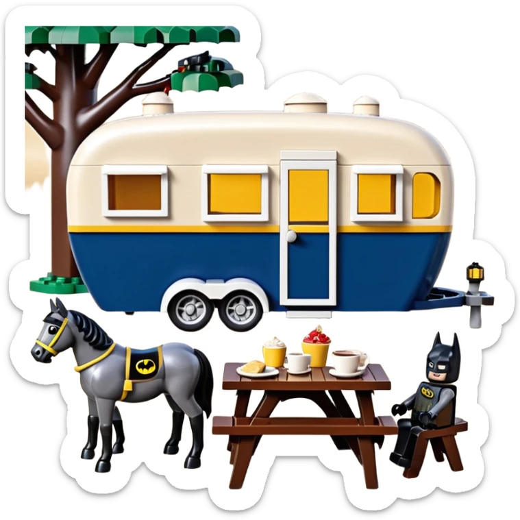  Ultra cute  Lego detailed 1854 Batman and pretty Catwoman dream horse drawn Caravan with picnic table and folding chairs alone at romantic afternoon (hot chocolate and cheeseburgers on the grill) sticker